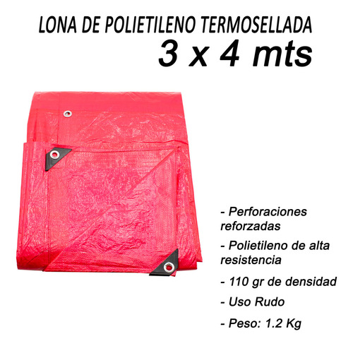 Lona De Polietileno Uso Rudo Termosellada Roja 110 Gr 3x4 M