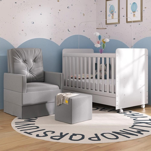 Berço Americano 3x1 com Colchão, Poltrona Amamentação e Puff Bambino Multimóveis MP4101 Cor Branco/Cinza