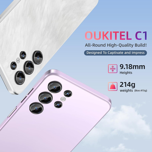 Oukitel C1 Telefono Celular Inteligente Dual Sim 16(4+12)ram+128rom(+1tb Tfcard) Andriod 15 5150mah T606 6.52in Hd+ Moda Ligera/fingerprint/gps/otg/fm