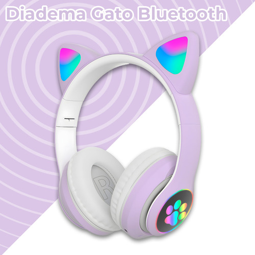 Diadema Gato Auriculares Bluetooth Colorido Led Luminoso Color Violeta