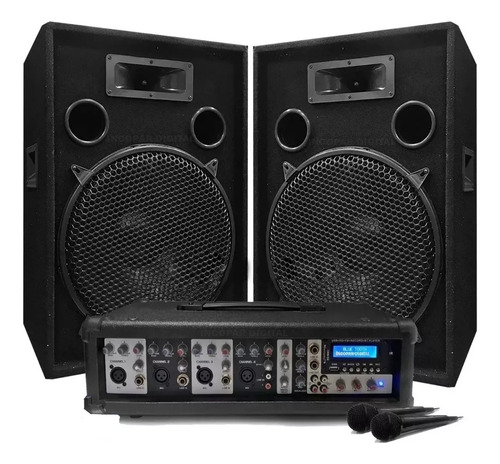 Combo Consola Potenciada 4 Ch Usb Bluetooth+2 Bafles+2 Mic