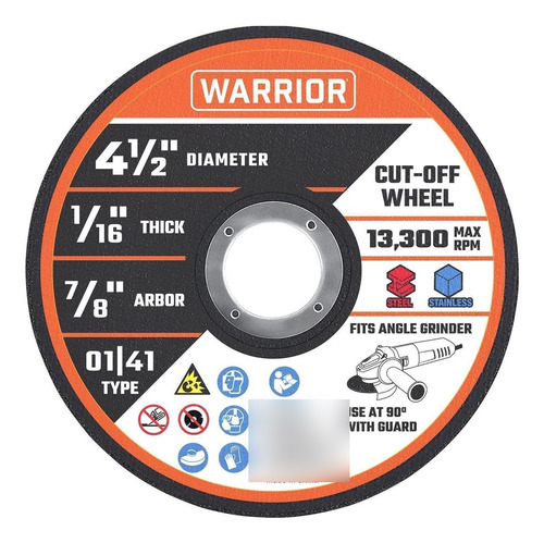 Disco Corte Metal Tipo 01/41 De 4-1/2x1/16 Pul X 7/8 Warrior