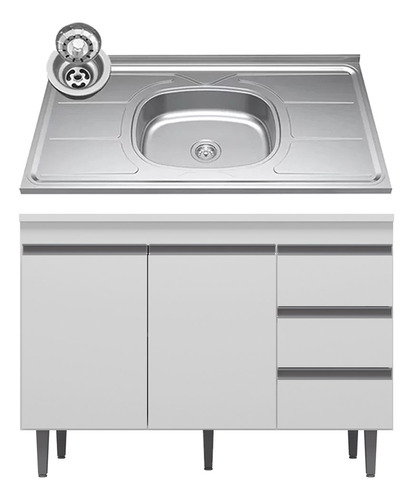 Balcão Gabinete Com Pia Inox 120cm 2 Portas 3 Gavetas Andréi Cor Branco