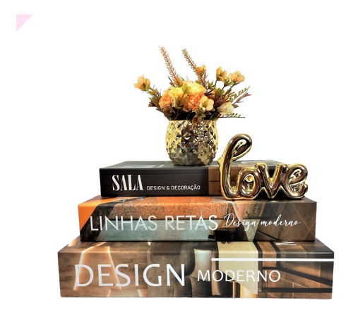 Kit Sala Luxo Livro Caixa + Frase Decorativa + Vaso C/ Flor Cor Bege Liso
