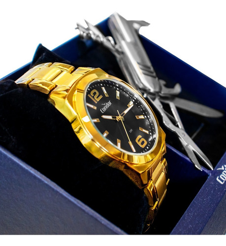 Imagem 5 de 6 de Relógio Condor Masculino Dourado Azul Barato Original Nfe
