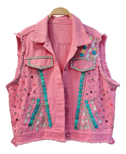 A Chaleco Vaquero Corto Con Pedrería Y Diamantes Chaqueta