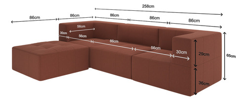 Puff Sofá Modular 2 Braços Terracota 3 Lugares E Chaise Bilateral Design Contemporâneo Na Caixa Ideal Para Salas Modernas