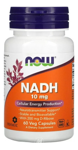 Now Nadh 10mg Nicotinamida Adenina Dinucléotida  60 Caps