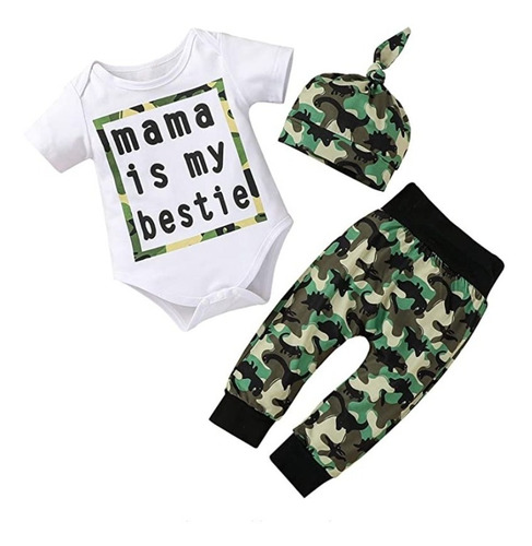 Conjunto De 3 Piezas De Ropa Para Bebé Con Estampado + Gorro
