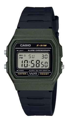 Reloj de pulsera Casio Collection F-91 de cuerpo color verde, digital, fondo gris, con correa de resina color negro, dial negro, minutero/segundero negro, bisel color verde y hebilla simple