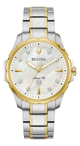 Relógio Bulova Marine Star Ladies Series B 98p227, pulseira prateada, moldura dourada, fundo branco