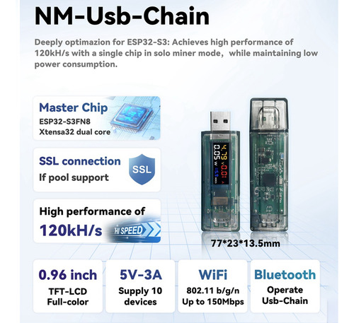 Nmminer Miner 117kh/s Usb Chain Esp32 Crypto Miner Com Adap