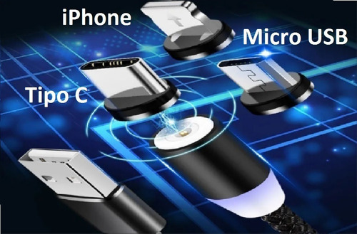 Cable Magnetico 3 En 1 Micro Usb Tipo C Lightning Para Ipho Color Negro Negro