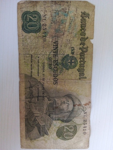 Cédula De Dinheiro Antigo De 20 Escudos Ouro Original (Usado)