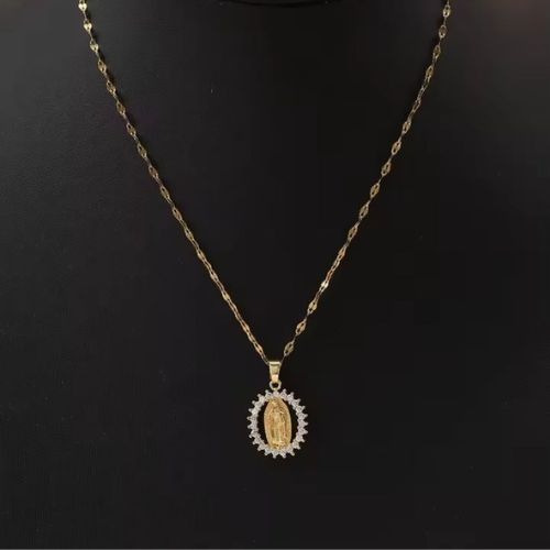 Collar Cadena Virgen Guadalupe Acero Inoxidable Chapada Oro Blanco