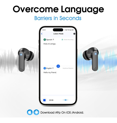 Fones De Ouvido De Tradução De Idiomas Ai, Tela De Toque Lcd