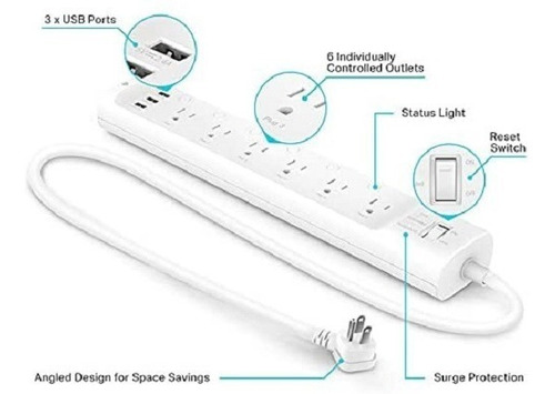 Regleta 6 Tomas Inteligentes 3 Usb, Funciona Con Alexa Y Goo