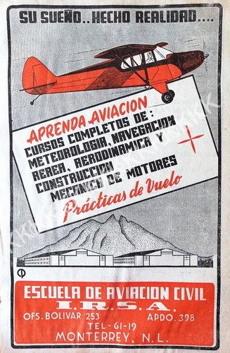 Cartel De Escuela De Aviacion Civil Irsa. Monterrey 1948s 27