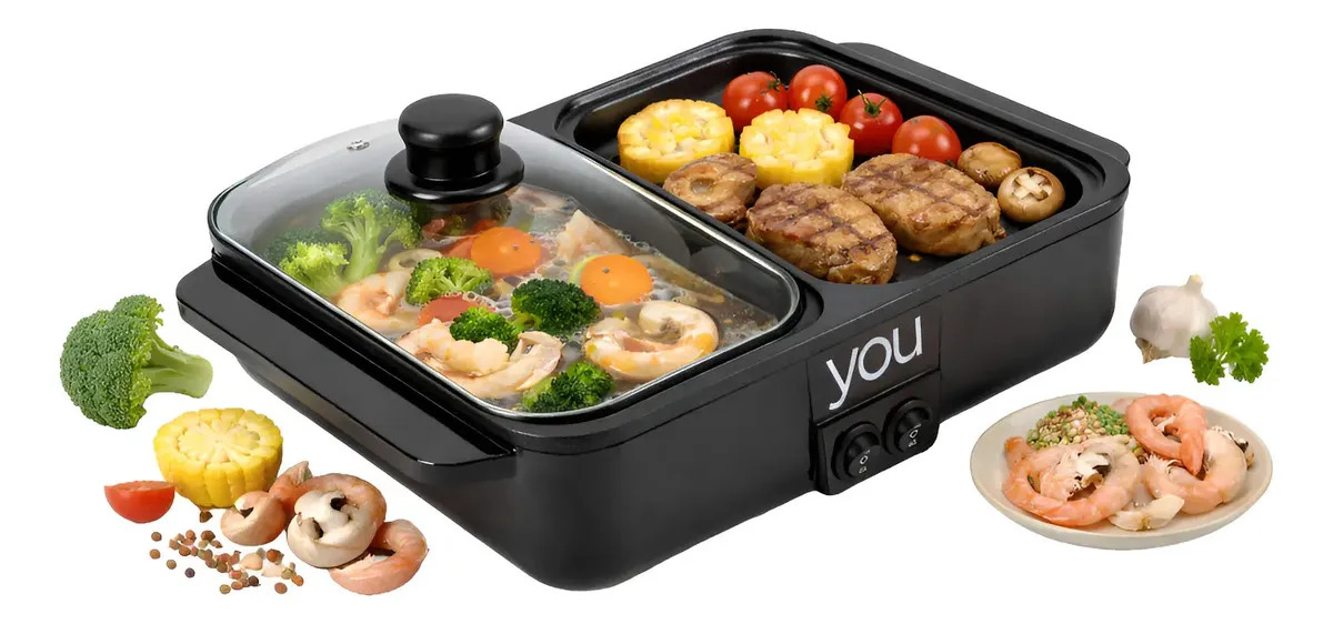 Mini Olla Caliente Con Plancha Parrilla Electrica 2 En 1 You Negro