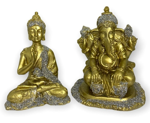 Kit 2 Esculturas Ganesha E Buda 10 Cm Dourado Em Resina