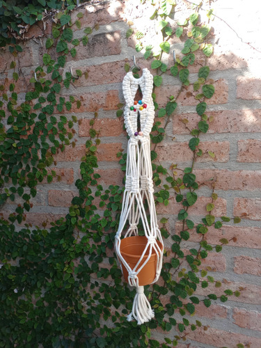 Porta Maceta Colgante Macramé Blanco Cuentas