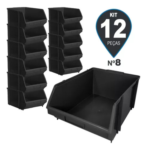 Kit 12 Caixa Organizadora Bin N8 Plástica Resistente Preto