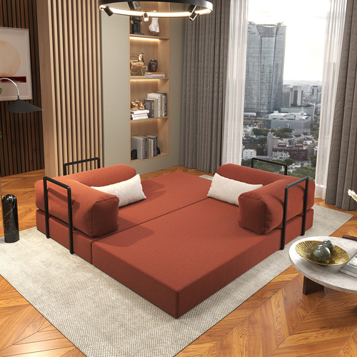 Sofá Cama Casal Dobrável 2 Lugares Na Caixa Bouclê Terracota, Estrutura Metálica Industrial, Colchão Confortável, Braços Macios, Design Nórdico Modelo Buble Flocos