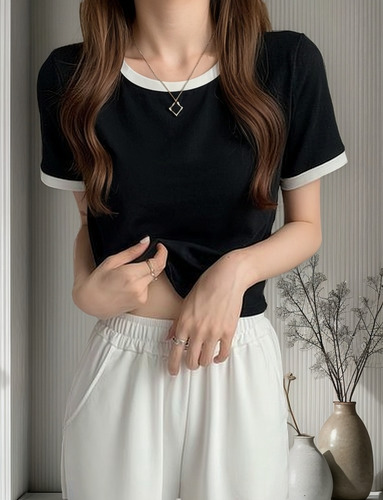 Camiseta De Manga Corta Color Block - Top Ajustado Para Muje