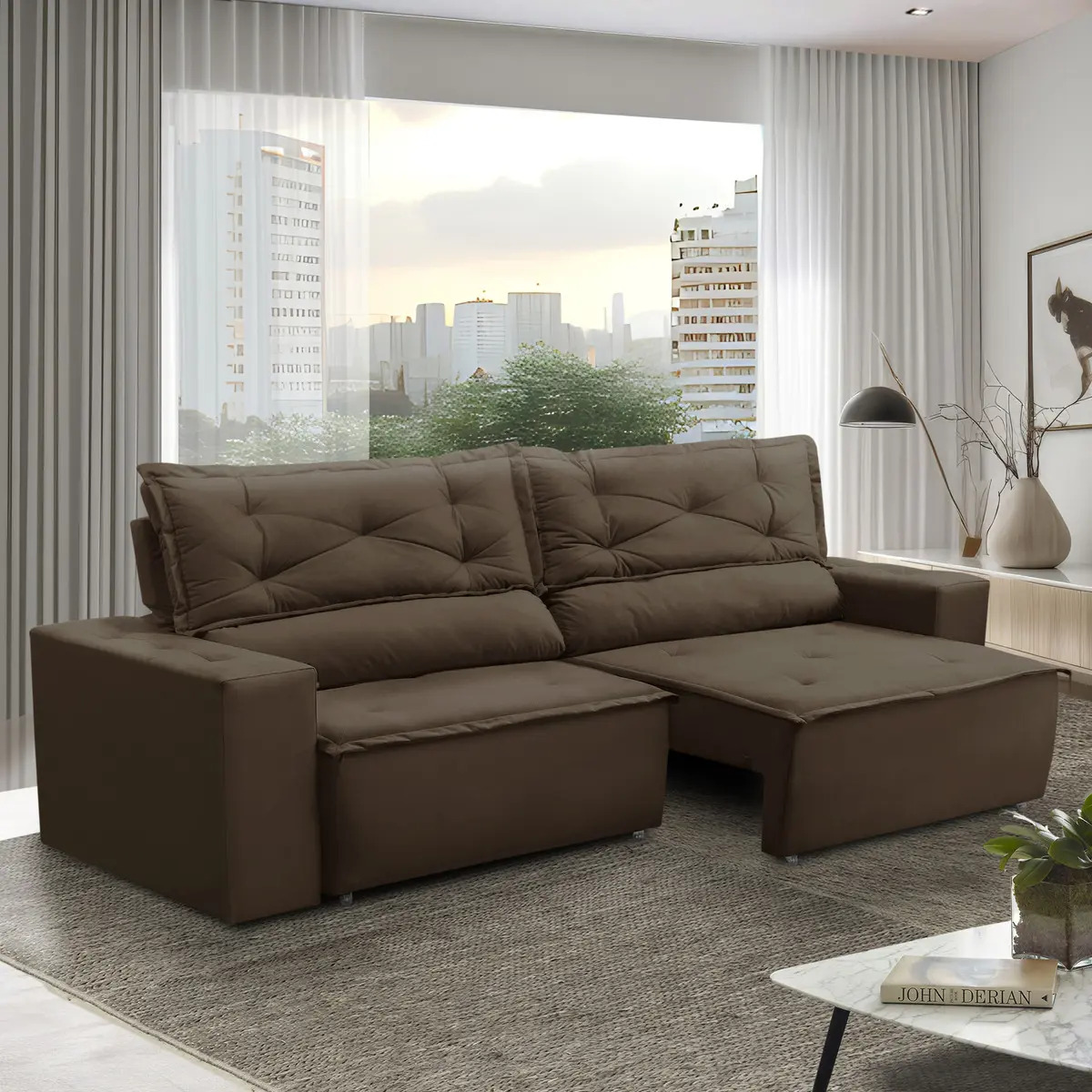 Sofá Retrátil e Reclinável 3 lugares com Molas 1,80m Livia Suede Marrom Adonai Estofados.