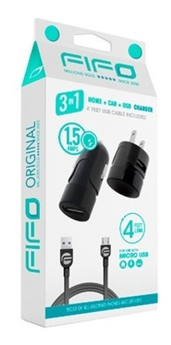 Cargador Auto 3 En 1 + Ficha Pared + Cable Micro Usb Fifo