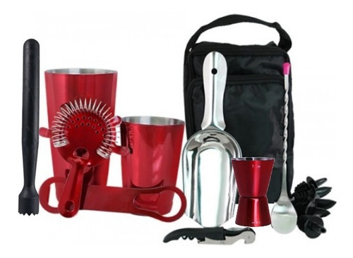 Kit Bartender Bag Rojo, Cocteleria, Set Barman, Shaker.