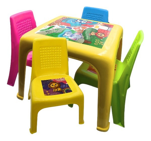 Mesa Infantil Y 4 Sillas De Colores Para Niños Dibujo Comer Color Multicolor