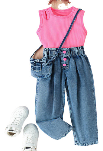 Conjunto De Chaleco Rosa Para Niña Y Pantalones Vaqueros