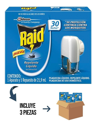 3 Pz - Raid Repelente Liquido Aparato Eléctrico + Rep 21.9ml