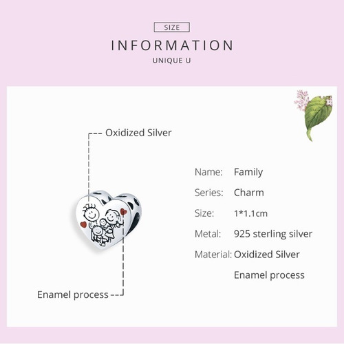 Imagen 3 de 5 de Charm Dije Familia Corazón Fabricado En Plata 925