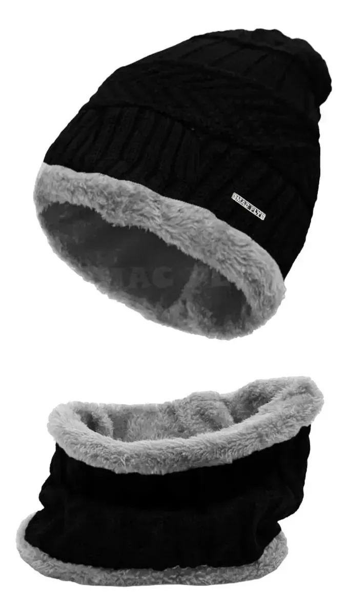 Combo Gorro Y Cuello Invierno Lana Corderito Hombre Mujer Color Negro Talle Único Adulto (+ 16 Años)