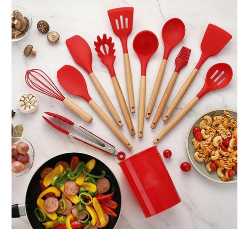 Set Utensilios De Cocina Punta Silicona Mango Madera Kit X12 Negro