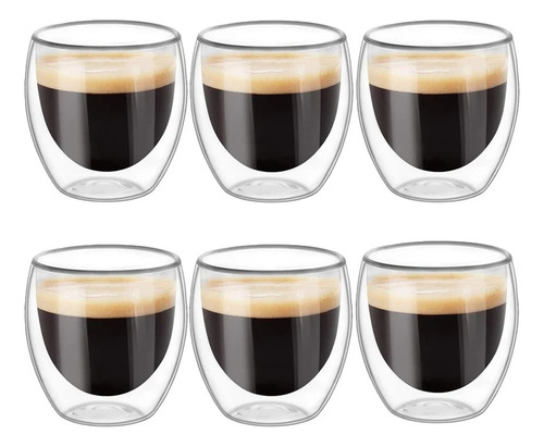 Set 6 Tazas Espresso Doble Pared 80ml Frio Caliente Sin Asa Blanco