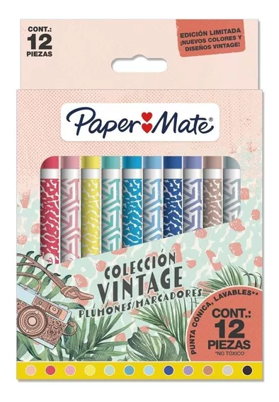 Marcadores Paper Mate Vintage Punta Conica X 12 Colores