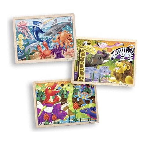 Set 3 Puzzles Madera Niños 3+ - Dinosaurios, Océano, Safari.