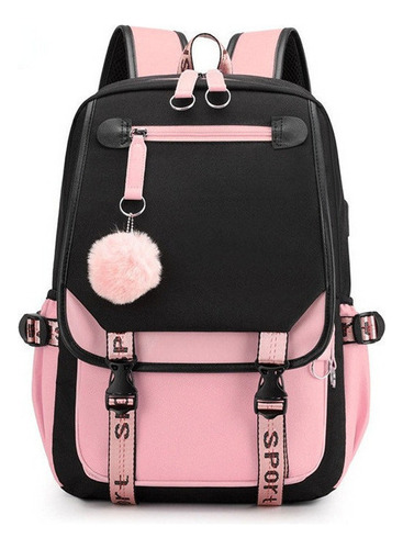 Mochila Escolar Lona Puerto Usb Negro Rosa Bolsa Grande 2023