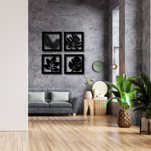 Cuadro De Madera Calado Mdf Hojas Moderno Living Decorativo Color Negro