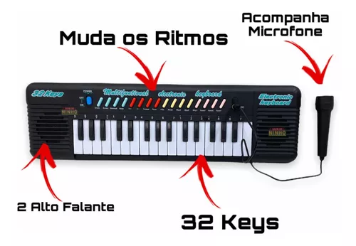 Teclado infantil musical 32 teclas keys com microfone piano