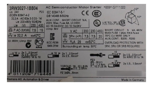 Arrancador Suave Marca Siemens 3rw3027-1bb04 7.5 H.p. 24 V