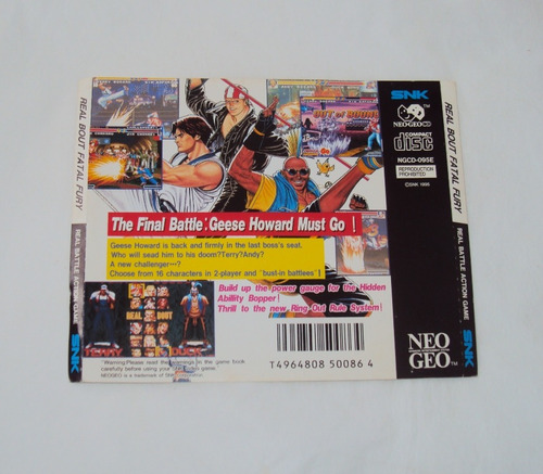 Encarte Traseiro Original Real Bout Fatal Fury - Neo Geo Cd