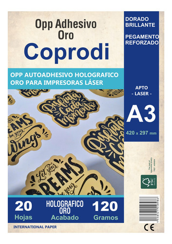 Opp Holográfico Papel Metalizado Autoadhesivo A3 Para Laser Color Dorado