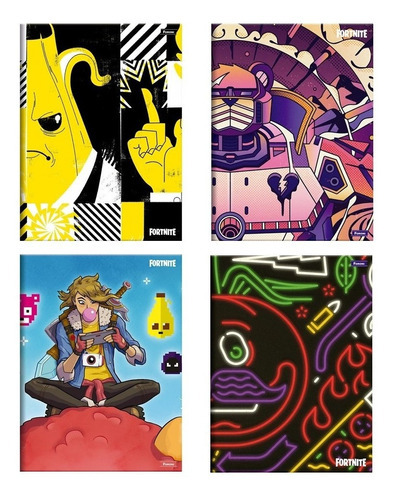 Kit 4 Cuadernos Fortnite Brochurón 96 Fls + Dibujo Fortnite