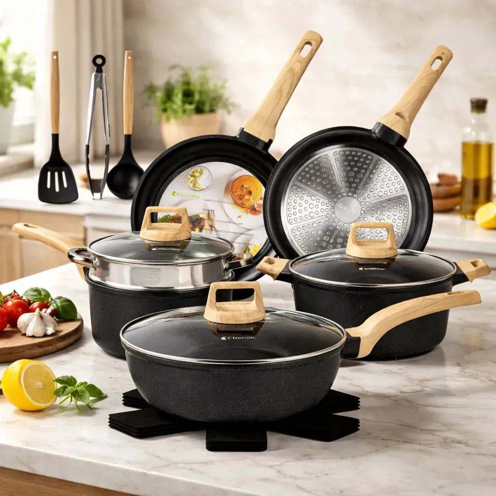 Batería De Cocina Antiadherente 16 Piezas Juego De Ollas Y sartenes Para Inducción Y Gas con Medical Stone Negro
