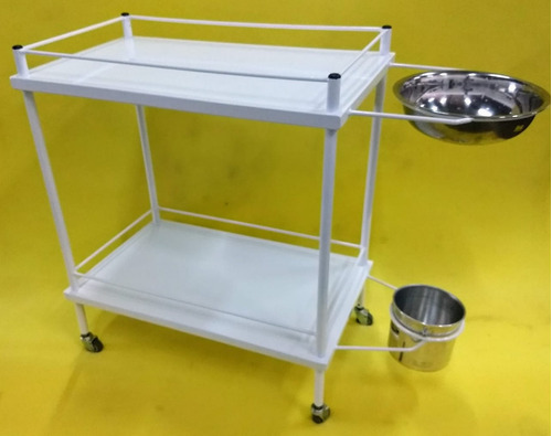 Carro Curativo Hospitalar Esmaltado Com Balde E Bacia Inox