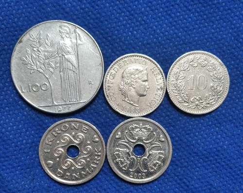 5 Monedas De Italia , Suiza Y Dinamarca, Excelente Estado 